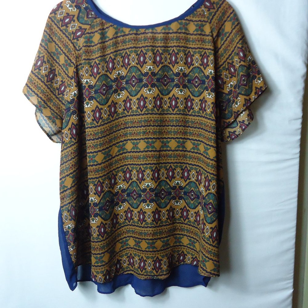 Umgee Aztec Print Blue Sheer Open Back Top Large